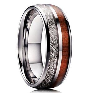 Men's Wedding Tungsten Wedding Band (8mm). Wood Inlay with Inspired Meteorite.
